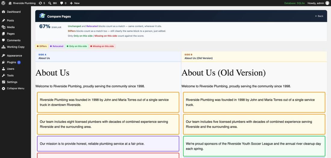 Working Copy's Compare Pages screen showing two About Us pages side by side at 67% similar, with blocks labeled Differs, Relocated, Only on this side, and Missing on this side