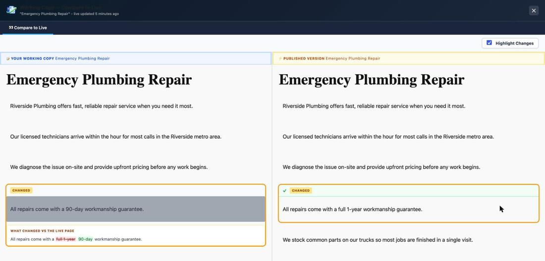 Working Copy's free Compare to Live view for the same page, showing the working copy and published version side by side with the warranty length change highlighted word by word