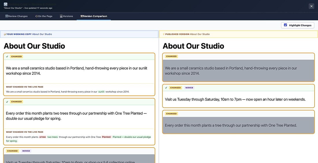 Working Copy's free Compare to Live view, showing a working copy and the published page side by side with every changed and relocated block highlighted