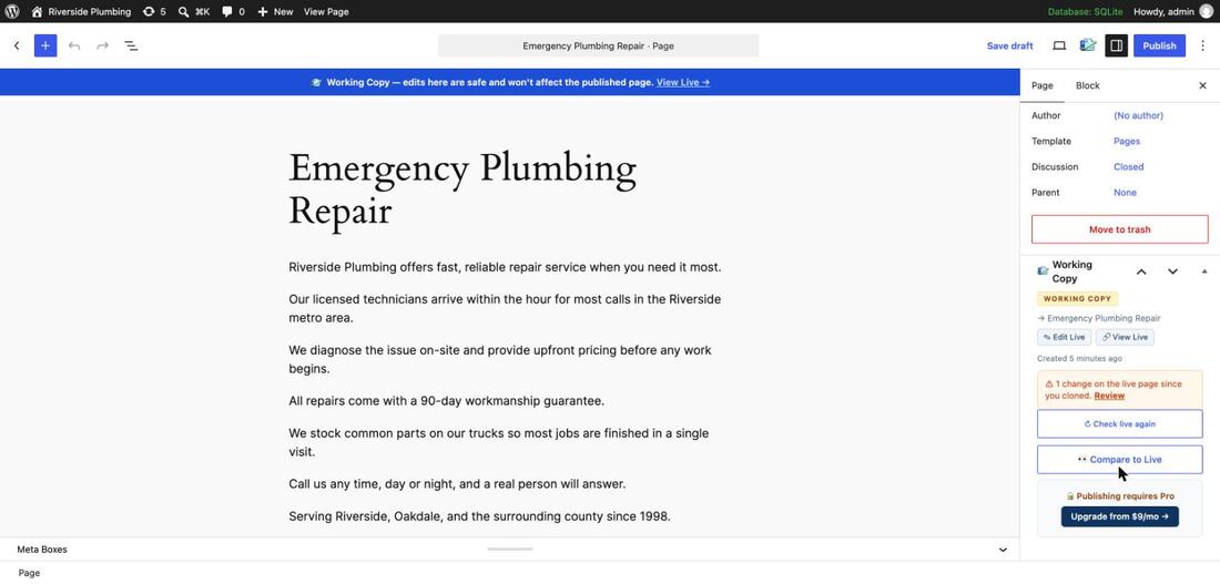 The Working Copy sidebar panel in the WordPress block editor, showing a working copy of a page titled Emergency Plumbing Repair, with a notice that the live page changed since it was cloned
