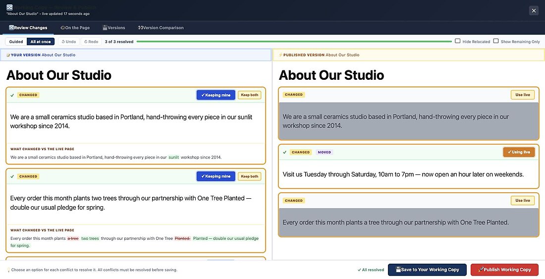 Working Copy Pro's conflict resolver showing a side-by-side edit conflict, with word-level highlighting of exactly what changed, for a page titled About Our Studio